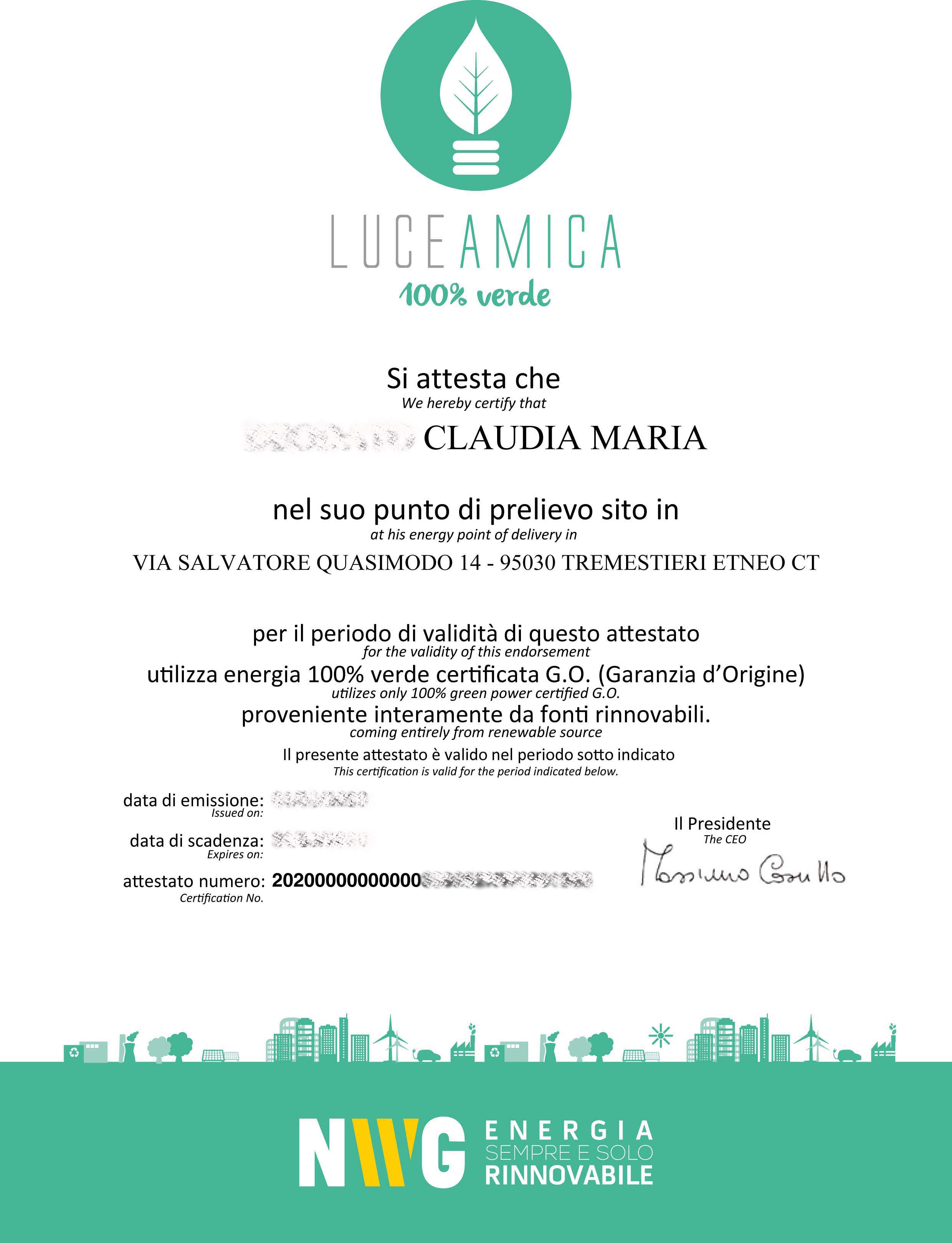 Garanzia d’Origine certificata
